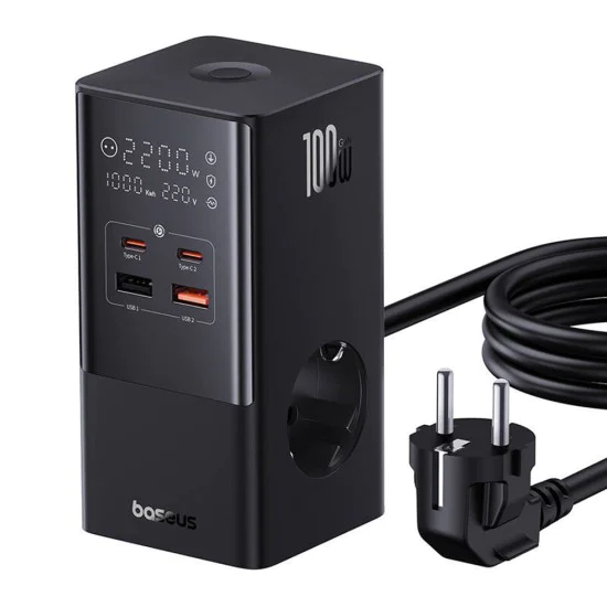 Char Charging Station 2xUSB, 2xType-C, Shuko, Fast Charging 100W, 1.5m - Baseus (E00023609113-00) - Черен