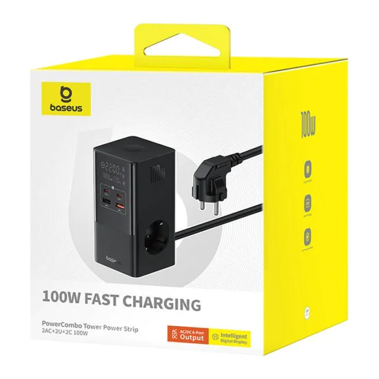 Char Charging Station 2xUSB, 2xType-C, Shuko, Fast Charging 100W, 1.5m - Baseus (E00023609113-00) - Черен