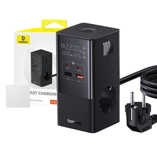 Char Charging Station 2xUSB, 2xType-C, Shuko, Fast Charging 100W, 1.5m - Baseus (E00023609113-00) - Черен