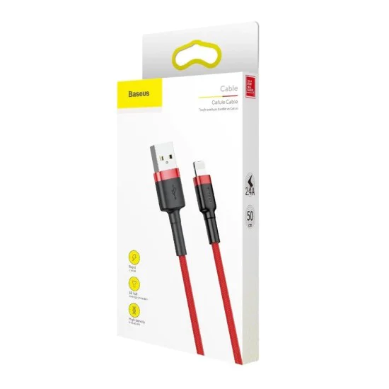 USB към Lightning кабел, бързо зареждане, Q.C.3.0, 2.4A, 0.5m - Baseus Cafule (CALKLF-A09) - червен