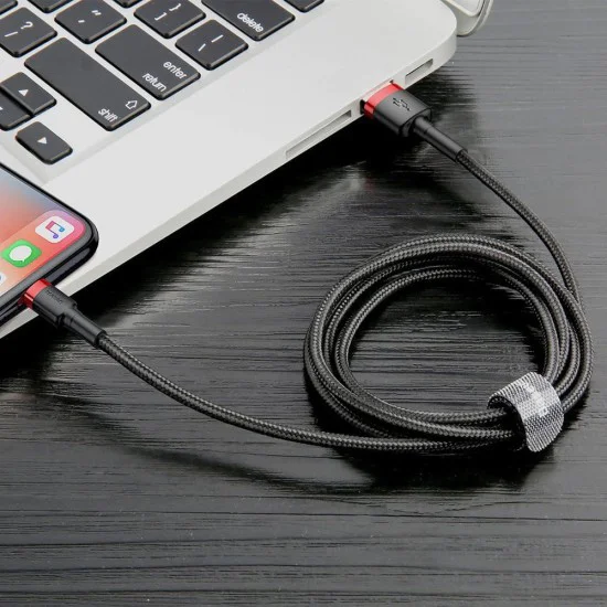 USB към Lightning кабел, QC3.0, 2A, 3m - Baseus Cafule (CALKLF-R91) - черен / червен
