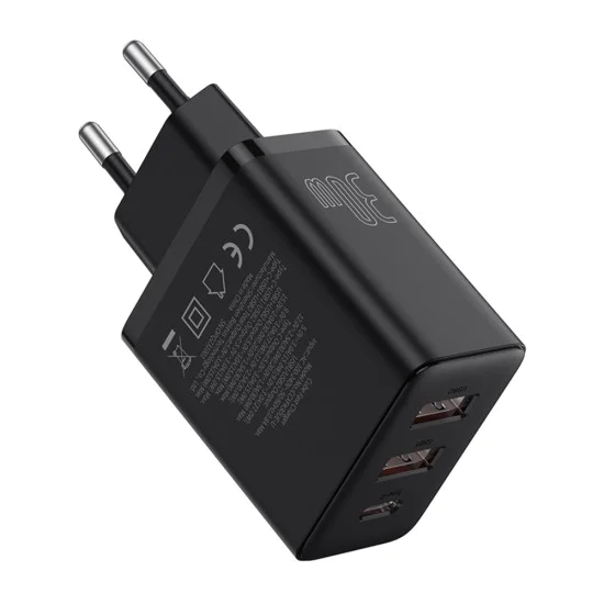 Зарядно устройство GaN, 2x USB, Type-C, бързо зареждане, 30W - Baseus (P10111402113-00) - клъстерно черно