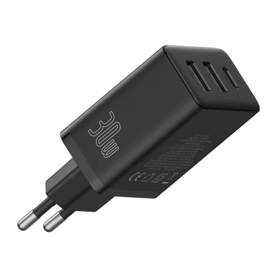 Зарядно устройство GaN, 2x USB, Type-C, бързо зареждане, 30W - Baseus (P10111402113-00) - клъстерно черно
