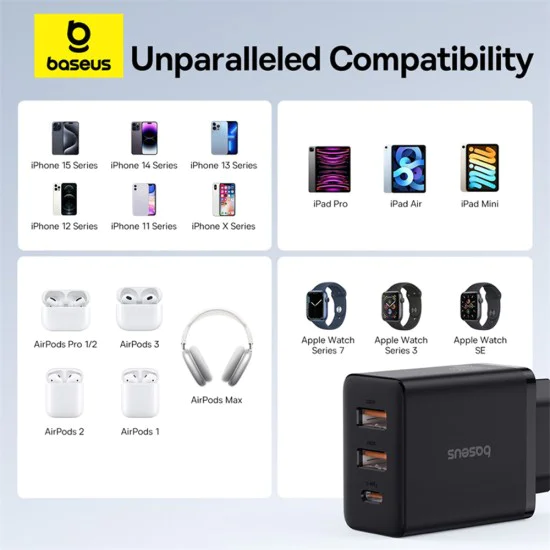 Зарядно устройство GaN, 2x USB, Type-C, бързо зареждане, 30W - Baseus (P10111402113-00) - клъстерно черно