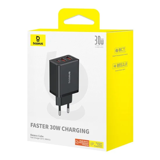 Зарядно устройство GaN, 2x USB, Type-C, бързо зареждане, 30W - Baseus (P10111402113-00) - клъстерно черно