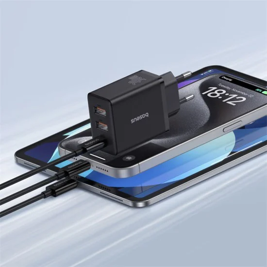 Зарядно устройство GaN, 2x USB, Type-C, бързо зареждане, 30W - Baseus (P10111402113-00) - клъстерно черно