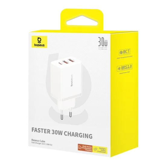 Зарядно устройство GaN, 2x USB, Type-C, бързо зареждане, 30W - Baseus (P10111402213-00) - бяло