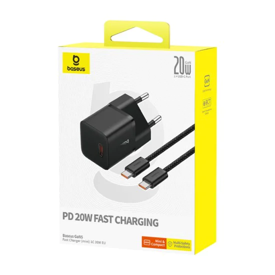 GaN зарядно устройство, Type-C, 20W + Type-C към Type-C кабел, 100W, 1m - Baseus (P10110900113-00) - Cluster Black