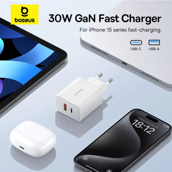 USB зарядно, тип-C, бързо зареждане 30W - Baseus (P10111404213-00) - лунно бяло
