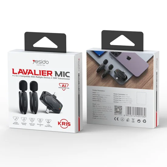 Безжичен петличен микрофон, TC, осветление, 3,5 mm, (комплект 2) Yesido (KR15) - черен