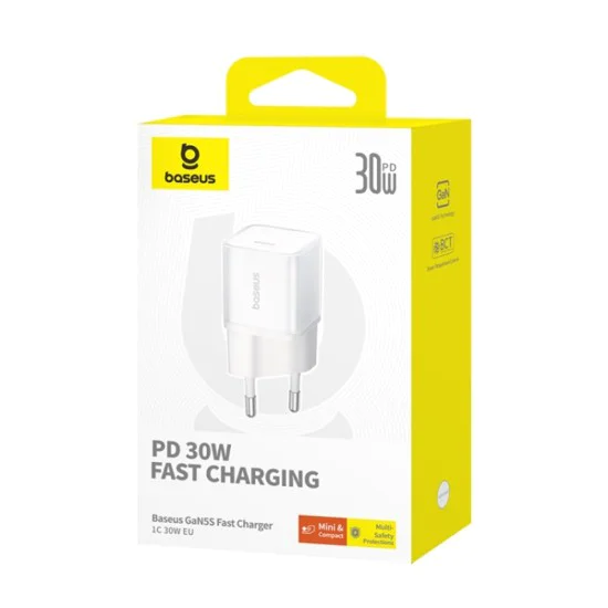 Зарядно устройство GaN5S, Type-C, бързо зареждане, 30W - Baseus галиев нитрид (P10162504213-00) - бяло