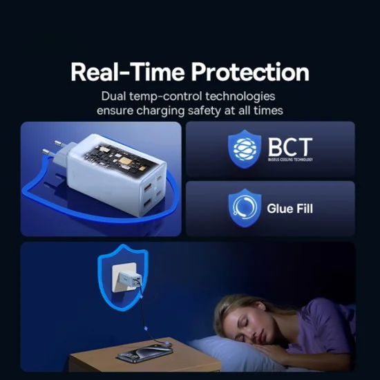 Зарядно 2x USB, 2x Type-C, 100W + Type-C кабел, 100W, 20V, 5A, 1m - Baseus GaN6 Pro (P10162705312-00) - Син