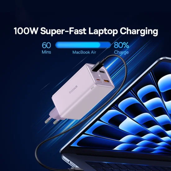 Зарядно 2x USB, 2x Type-C, 100W + Type-C кабел, 100W, 20V, 5A, 1m - Baseus GaN6 Pro (P10162705532-00) - лилаво