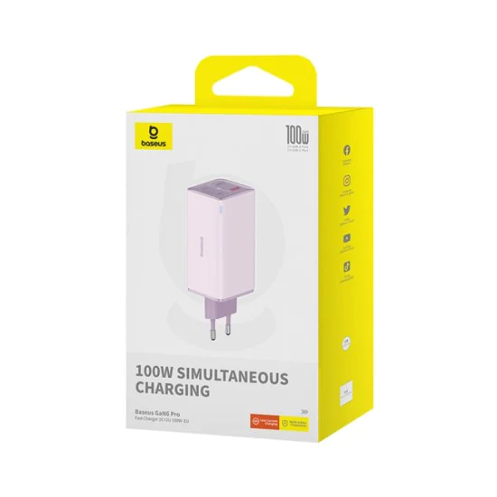 Зарядно 2x USB, 2x Type-C, 100W + Type-C кабел, 100W, 20V, 5A, 1m - Baseus GaN6 Pro (P10162705532-00) - лилаво