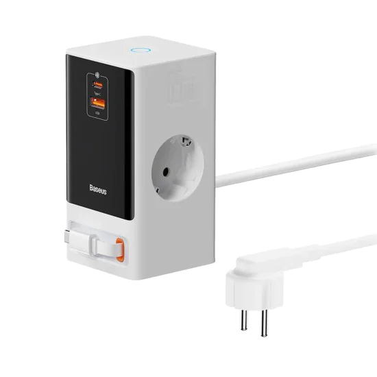 Удължителен кабел Priza Shuko, USB, 2xType-C, 65W - Baseus (PSLR000602) - Бял