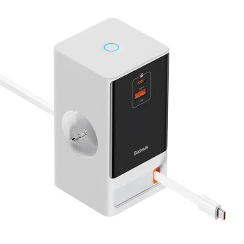 Удължителен кабел Priza Shuko, USB, 2xType-C, 65W - Baseus (PSLR000602) - Бял