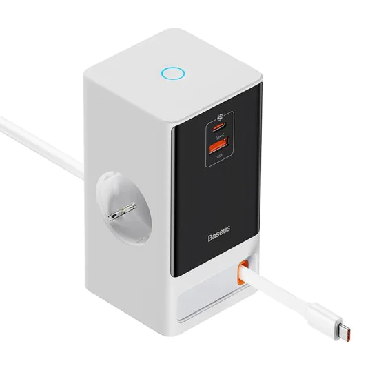 Удължителен кабел Priza Shuko, USB, 2xType-C, 65W - Baseus (PSLR000602) - Бял