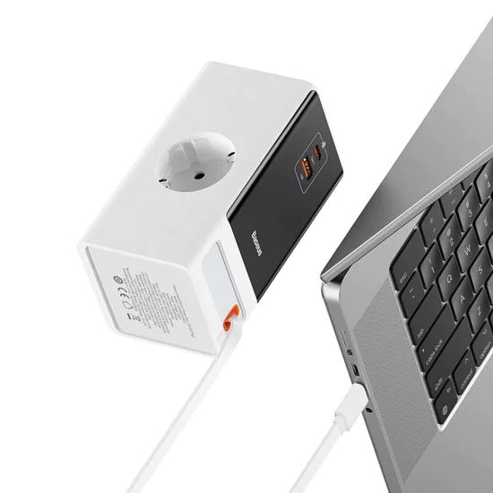 Удължителен кабел Priza Shuko, USB, 2xType-C, 65W - Baseus (PSLR000602) - Бял