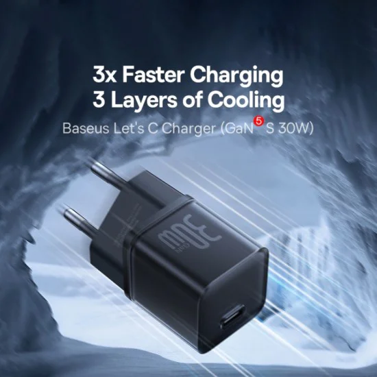 Зарядно устройство GaN5S, Type-C, бързо зареждане, 30W - Baseus галиев нитрид (P10162504113-00) - черно