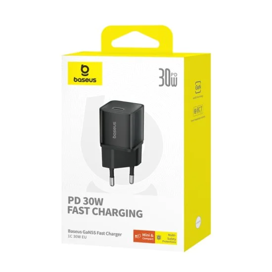 Зарядно устройство GaN5S, Type-C, бързо зареждане, 30W - Baseus галиев нитрид (P10162504113-00) - черно