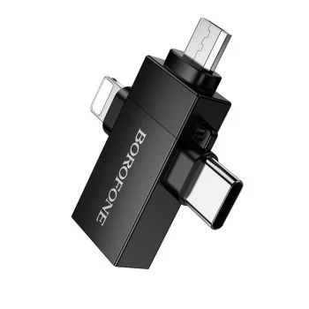 Адаптер 3 в 1 Borofone (BV26D) - USB 2.0 (F) към Lightning / Type-C / Micro-USB (M), зареждане и трансфер на данни, 1.5A - Черен
