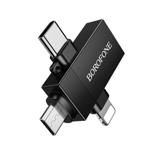 Адаптер 3 в 1 Borofone (BV26D) - USB 2.0 (F) към Lightning / Type-C / Micro-USB (M), зареждане и трансфер на данни, 1.5A - Черен