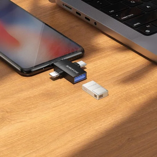 Адаптер 3 в 1 Borofone (BV26D) - USB 2.0 (F) към Lightning / Type-C / Micro-USB (M), зареждане и трансфер на данни, 1.5A - Черен