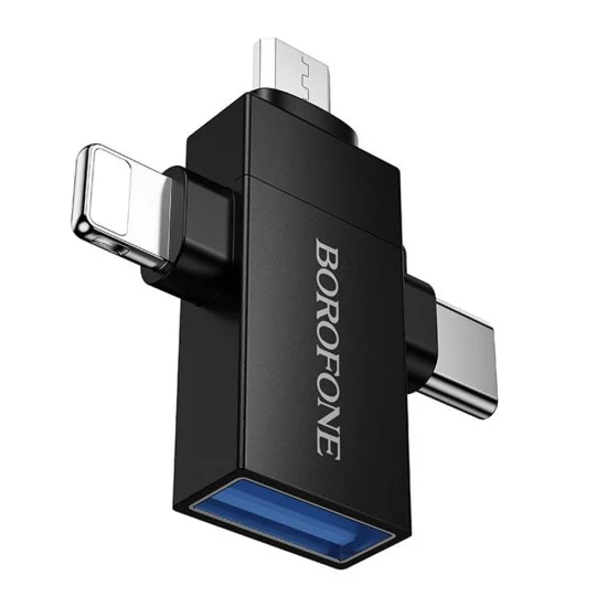 Адаптер 3 в 1 Borofone (BV26D) - USB 2.0 (F) към Lightning / Type-C / Micro-USB (M), зареждане и трансфер на данни, 1.5A - Черен
