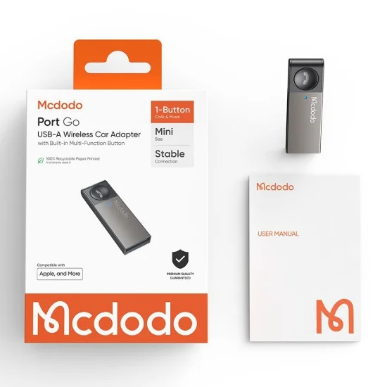 Адаптер за кола Mcdodo (OT-8250) - USB, с вграден мултифункционален бутон, цинкова сплав, BT V5.0, свързване на 2 телефона - Черен