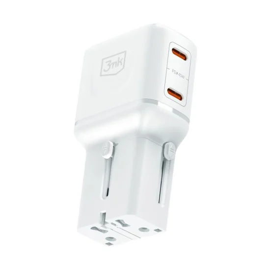 Адаптер за пътуване 3mk Travel Adapter incharge® Globe - US/EU/AUS/UK контакти, 2x Type-C, 45W GaN PD, QC4+ PPS SCP - Бял