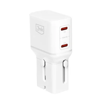 Адаптер за пътуване 3mk Travel Adapter incharge® Globe - US/EU/AUS/UK контакти, 2x Type-C, 45W GaN PD, QC4+ PPS SCP - Бял