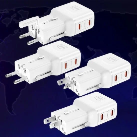 Адаптер за пътуване 3mk Travel Adapter incharge® Globe - US/EU/AUS/UK контакти, 2x Type-C, 45W GaN PD, QC4+ PPS SCP - Бял