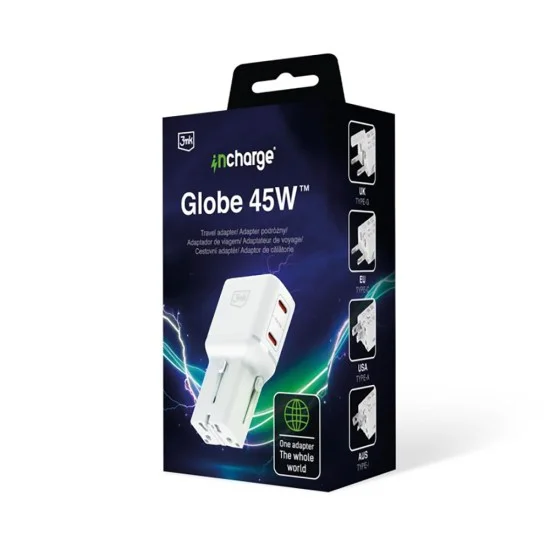 Адаптер за пътуване 3mk Travel Adapter incharge® Globe - US/EU/AUS/UK контакти, 2x Type-C, 45W GaN PD, QC4+ PPS SCP - Бял
