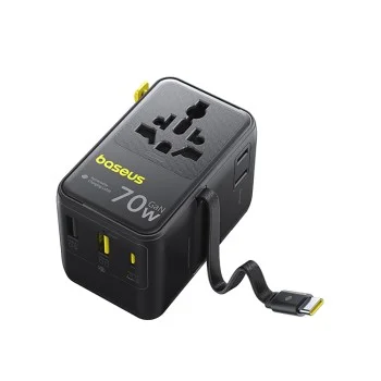 Адаптер за пътуване Baseus EnerCore CG11 (E0307E00) - с прибиращ се Type-C кабел, GaN6, 2x AC, 2x USB, USB-C, 70W - Черен