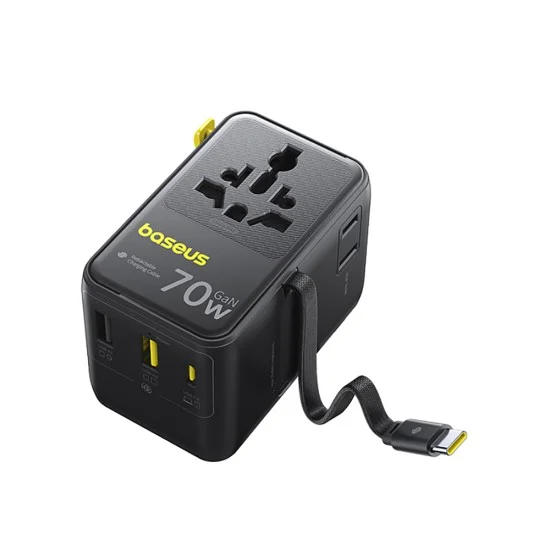 Адаптер за пътуване Baseus EnerCore CG11 (E0307E00) - с прибиращ се Type-C кабел, GaN6, 2x AC, 2x USB, USB-C, 70W - Черен
