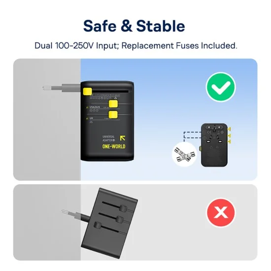 Адаптер за пътуване Baseus EnerCore CG11 (E0307E00) - с прибиращ се Type-C кабел, GaN6, 2x AC, 2x USB, USB-C, 70W - Черен