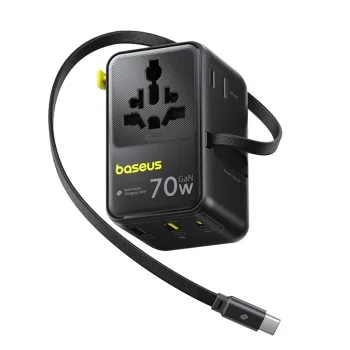 Адаптер за пътуване Baseus EnerCore CG11 (E0307E00) - с прибиращ се Type-C кабел, GaN6, 2x AC, 2x USB, USB-C, 70W - Черен