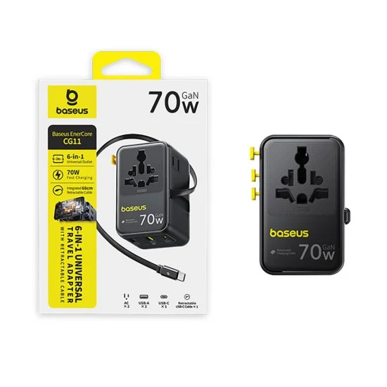 Адаптер за пътуване Baseus EnerCore CG11 (E0307E00) - с прибиращ се Type-C кабел, GaN6, 2x AC, 2x USB, USB-C, 70W - Черен