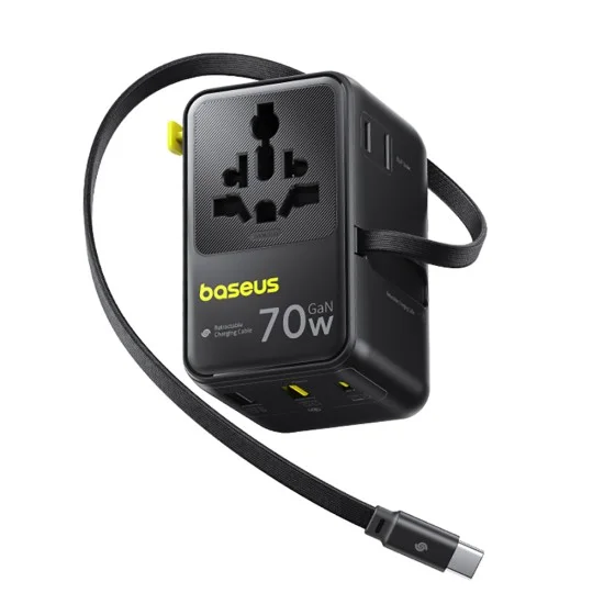 Адаптер за пътуване Baseus EnerCore CG11 (E0307E00) - с прибиращ се Type-C кабел, GaN6, 2x AC, 2x USB, USB-C, 70W - Черен