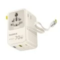 Адаптер за пътуване Baseus EnerCore CG11 (E0307E01) - с прибиращ се кабел, 2AC+2U+2C, 70W бързо зареждане, GaN, универсален - Бял