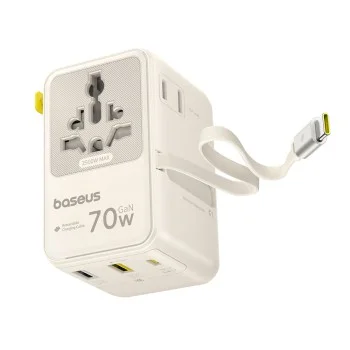 Адаптер за пътуване Baseus EnerCore CG11 (E0307E01) - с прибиращ се кабел, 2AC+2U+2C, 70W бързо зареждане, GaN, универсален - Бял