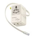 Адаптер за пътуване Baseus EnerCore CG11 (E0307E01) - с прибиращ се кабел, 2AC+2U+2C, 70W бързо зареждане, GaN, универсален - Бял