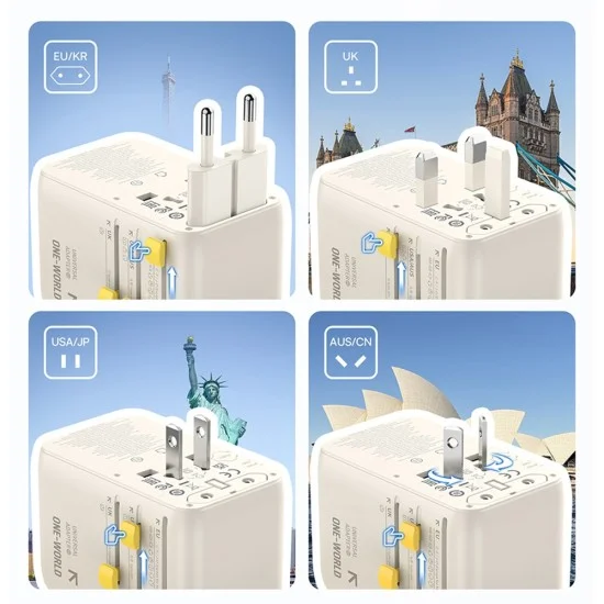 Адаптер за пътуване Baseus EnerCore CG11 (E0307E01) - с прибиращ се кабел, 2AC+2U+2C, 70W бързо зареждане, GaN, универсален - Бял