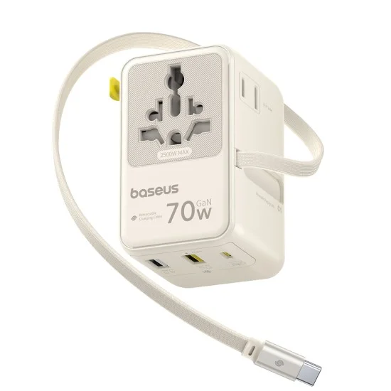 Адаптер за пътуване Baseus EnerCore CG11 (E0307E01) - с прибиращ се кабел, 2AC+2U+2C, 70W бързо зареждане, GaN, универсален - Бял