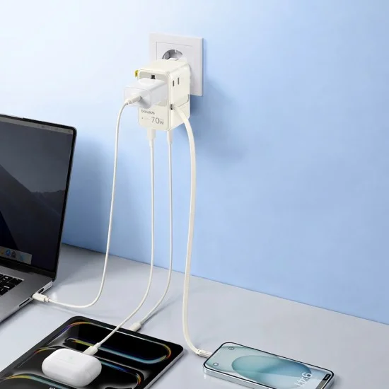 Адаптер за пътуване Baseus EnerCore CG11 (E0307E01) - с прибиращ се кабел, 2AC+2U+2C, 70W бързо зареждане, GaN, универсален - Бял