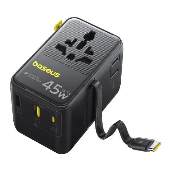 Адаптер за пътуване Baseus PicoGo AG11 (E0307F00) - с прибиращ се Type-C кабел, 2x AC, 2x USB, USB-C, 45W, универсален - Черен