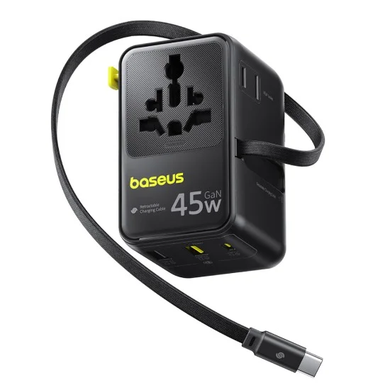 Адаптер за пътуване Baseus PicoGo AG11 (E0307F00) - с прибиращ се Type-C кабел, 2x AC, 2x USB, USB-C, 45W, универсален - Черен