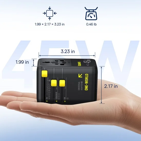 Адаптер за пътуване Baseus PicoGo AG11 (E0307F00) - с прибиращ се Type-C кабел, 2x AC, 2x USB, USB-C, 45W, универсален - Черен