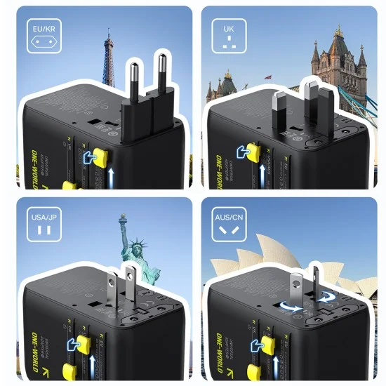 Адаптер за пътуване Baseus PicoGo AG11 (E0307F00) - с прибиращ се Type-C кабел, 2x AC, 2x USB, USB-C, 45W, универсален - Черен