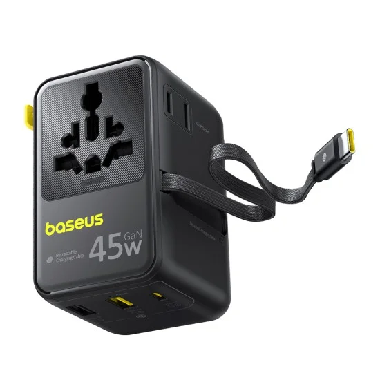 Адаптер за пътуване Baseus PicoGo AG11 (E0307F00) - с прибиращ се Type-C кабел, 2x AC, 2x USB, USB-C, 45W, универсален - Черен
